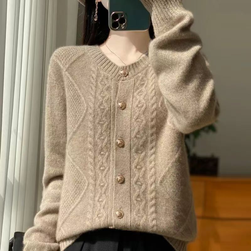 Damski sweter z okrągłym dekoltem, luźny, jednolity kolor, dzianinowy, jesienno-zimowy, krótki sweter kardigan
