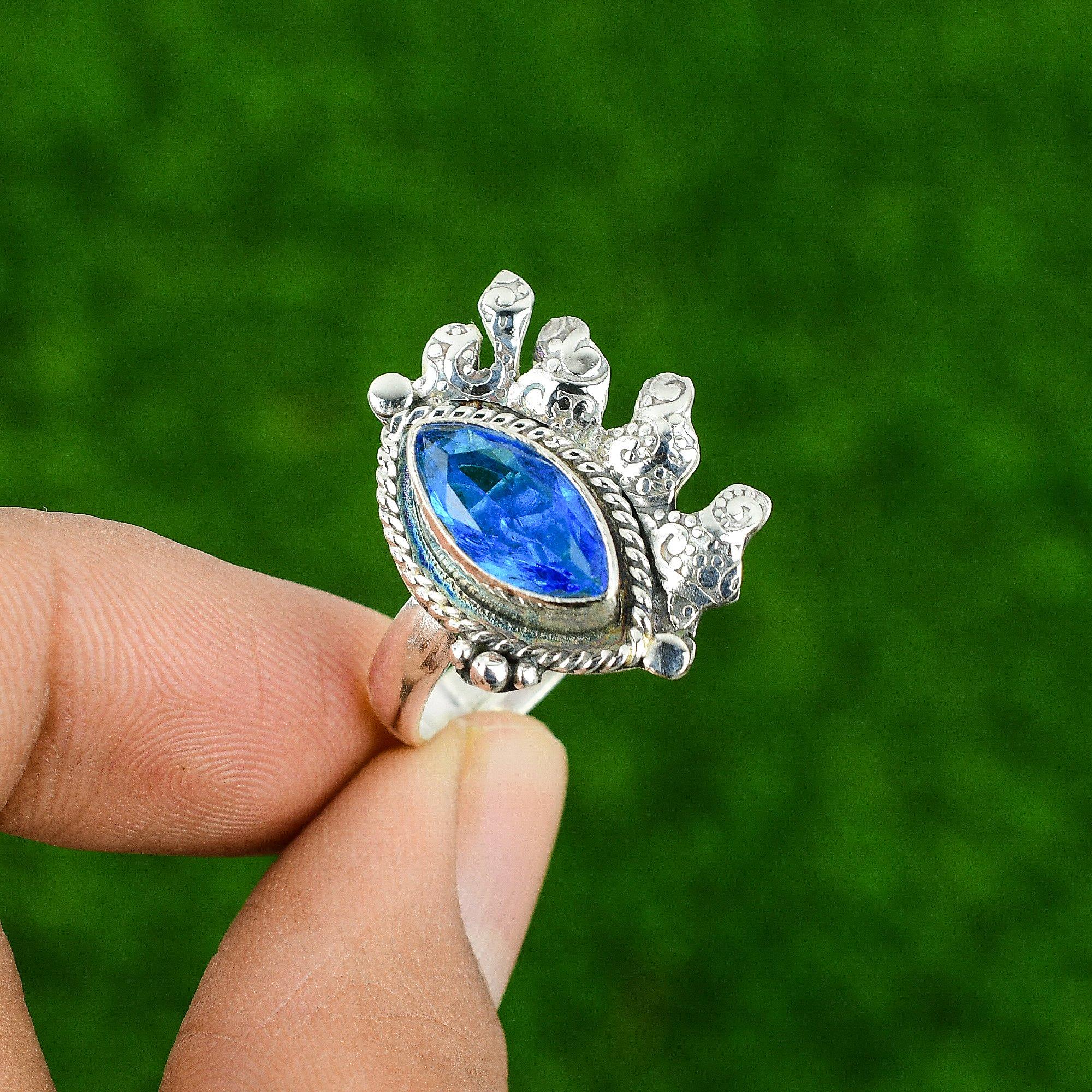 

Natural Swiss Blue Topaz Gemstone 925 Silver Statement Adjustable Ring For Girls Adjustable