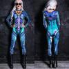 Women Cyber Punk 3D Digital Skull Blue Witch Printing Jumpsuit Adults Stage Performance Halloween Carnival Party Outfit 