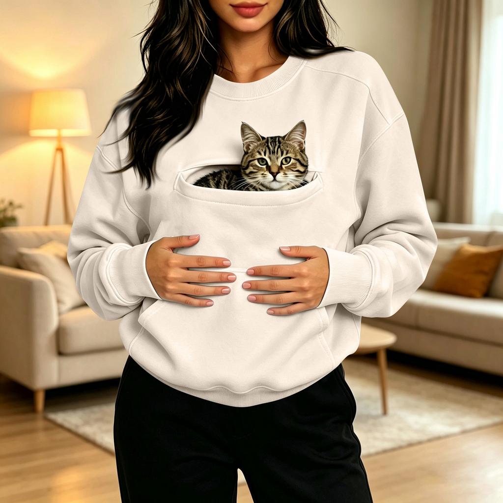 Damen Freizeit Langarm Sweatshirt mit Haustier-Tasche - Modischer Pullover für den täglichen Gebrauch