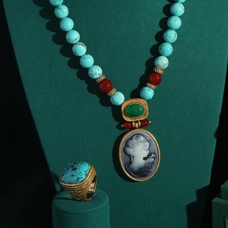 Vintage Blau Naturstein Böhmischer Stil Cameo Schönheitskopf Türkis Schmucksets Für Frau Halskette Und Ohrring Perlen Antik