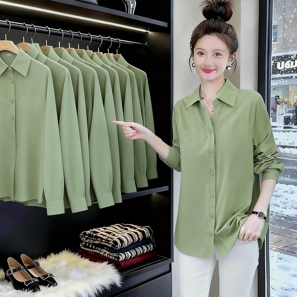 Women's Turn Down Collar Long Sleeve Blouse Loose Fit Commuter Button Down Shirt