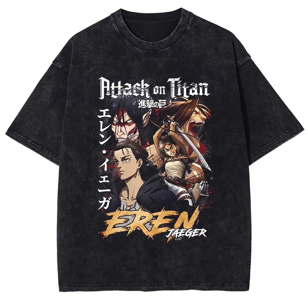 Eren Jaeger Print Tshirt Anime Attack on Titan Clothing Men Vintage Washed Tshirts Manga Cotton Tee Harajuku T Shirt M