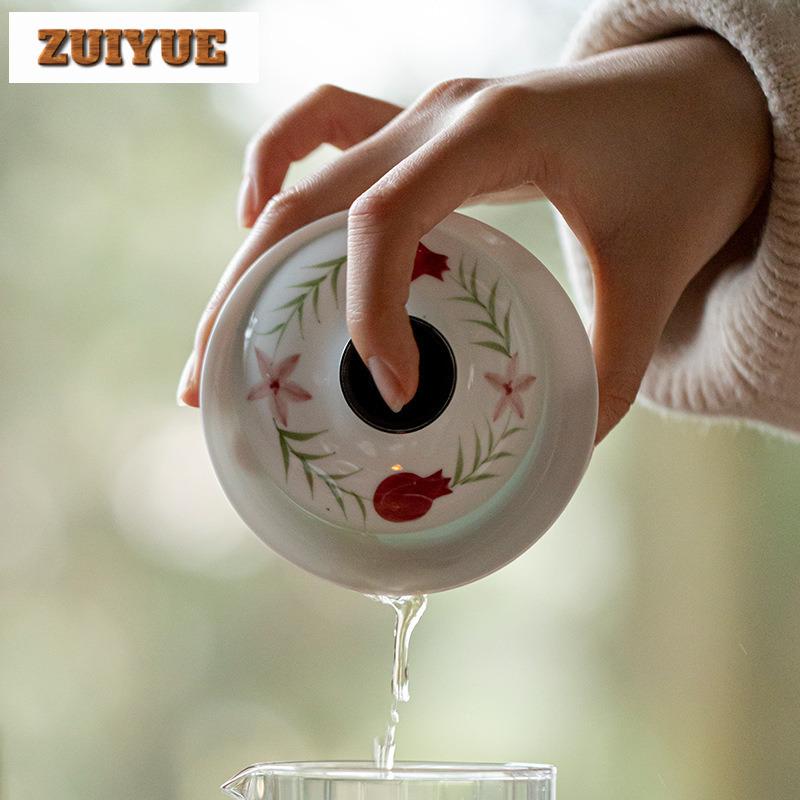 100ml Hand Drawn Pomegranate White Porcelain Thin Body Gaiwan Aesthetic Tea Tureen Tea Bowl With Lid Kit Tea Maker Cover Bowl