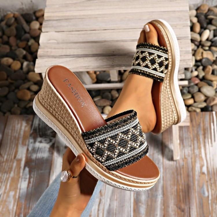 Bohemian Striped Braided Wedge Sandals Women Summer Thick Sole Outdoor Beach Slides Woman Plus Size 43 Fashion Platform Slippers