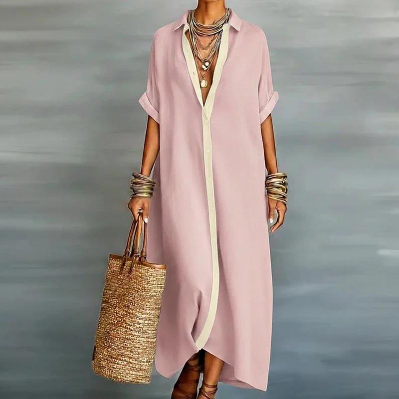 Contrast Color Cotton Linen Dress Three-Quarter Sleeves Spring Women's Solid Color V-Neck Lapel Button-Down Shirt Dress