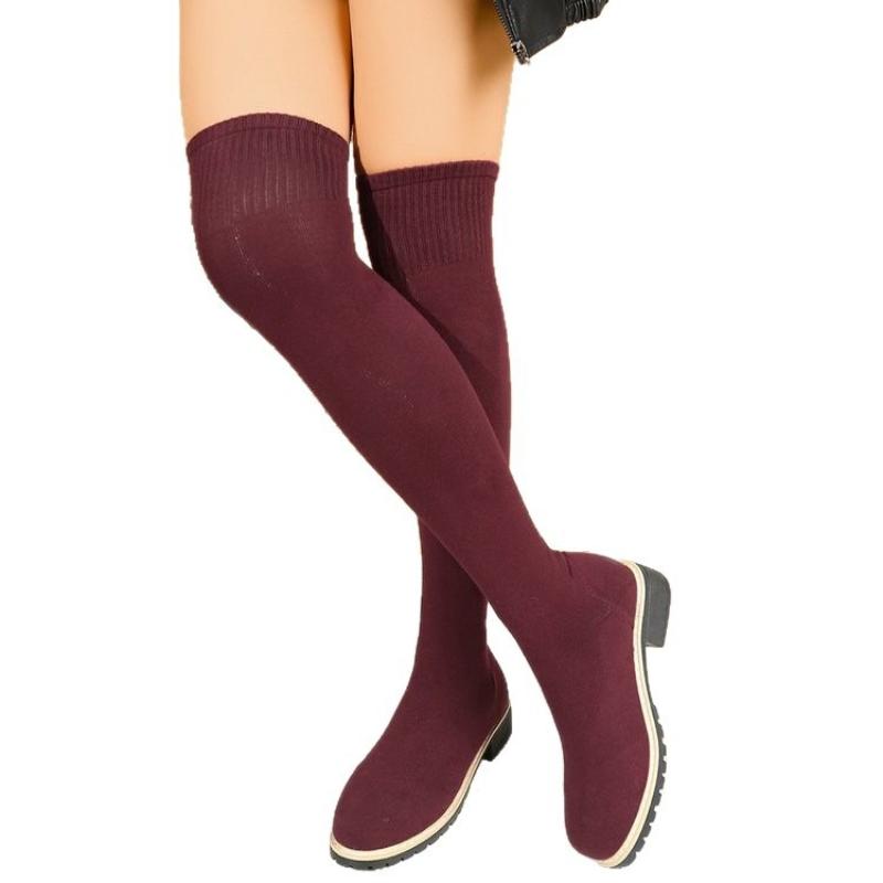Overknee-Sockenstiefel mit dickem Absatz für Damen, Übergröße 35-43, elastisch gestrickte lange Stiefel, Damen-Komfort-Slipper mit Plateau-Sockenstiefeln