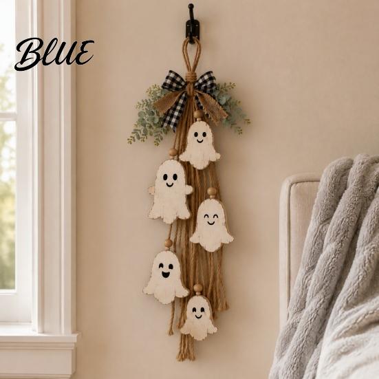 Seasonal Indoor Hanging Ornament Halloween Rustic Ghost Wall Decor with Wood Beads & Hemp Rope Farmhouse Tiered Layered Display Pendant for