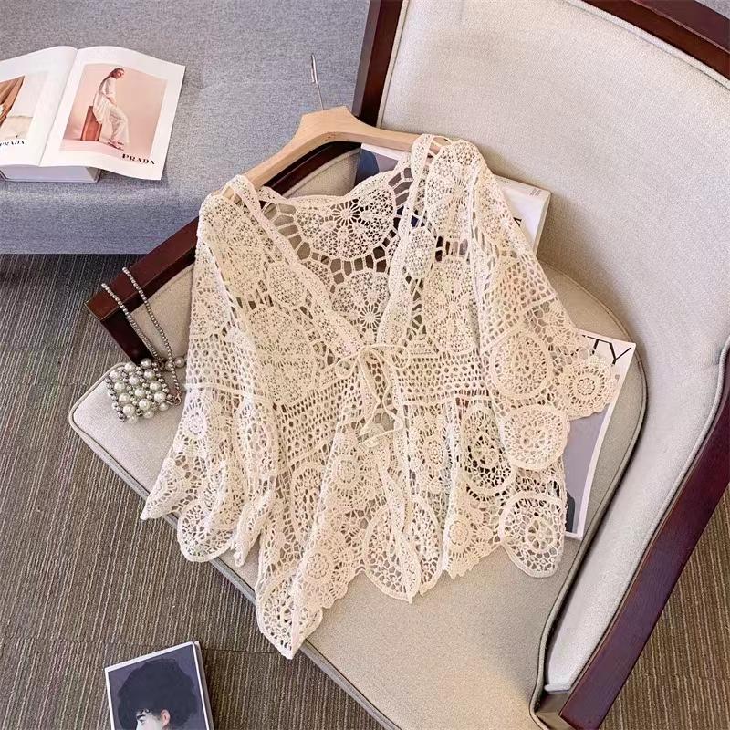 

DIMANAF 2024 Новая летняя женская футболка с рукавами «летучая мышь», базовые модные топы, кружевные кардиганы, футболки, свободные белые футболки One Size бежевый