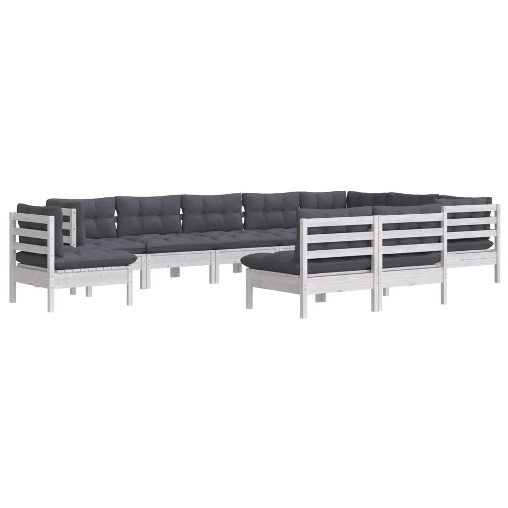 10 Piece Garden Lounge Set with Cushions White Solid Pine Wood