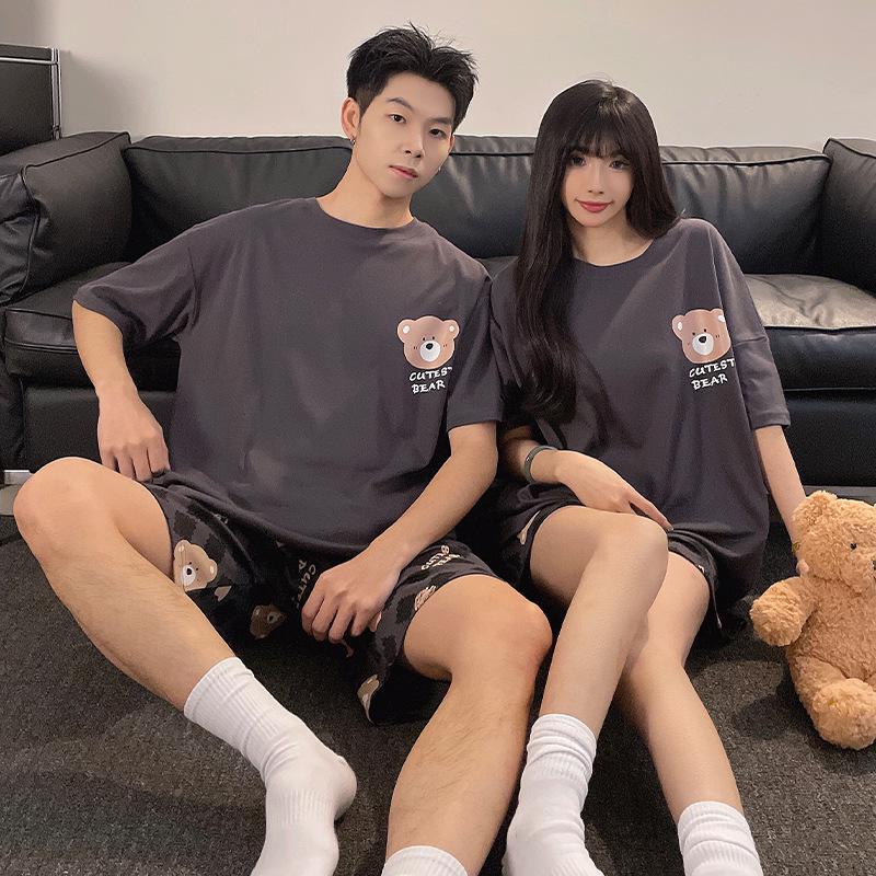 Cute Cartoon Cotton Pajama Set for Couples - Short-Sleeved & Lightweight