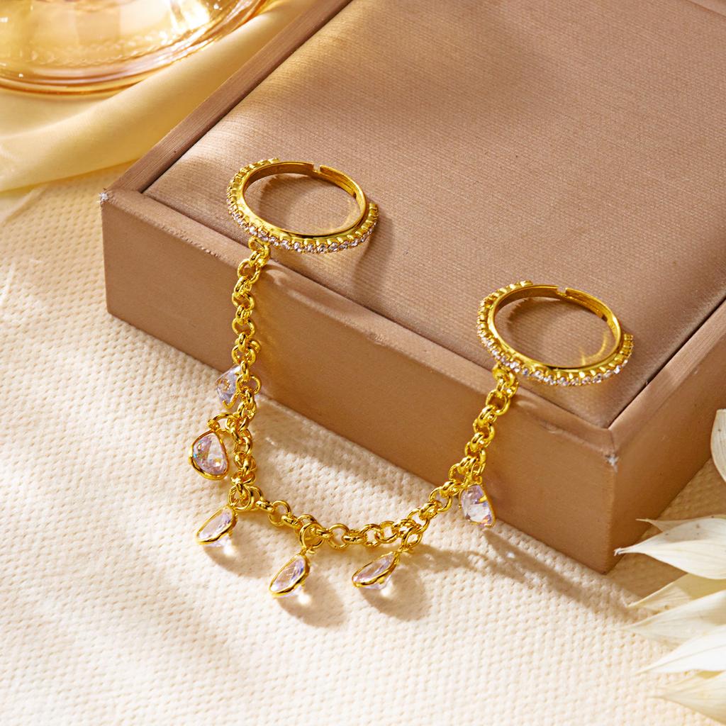 Gold Plated Double Hoop Teardrop Zircon Tassel Pendant Rings for Women Crystal Water Drop Connected Finger Ring Party Jewelry