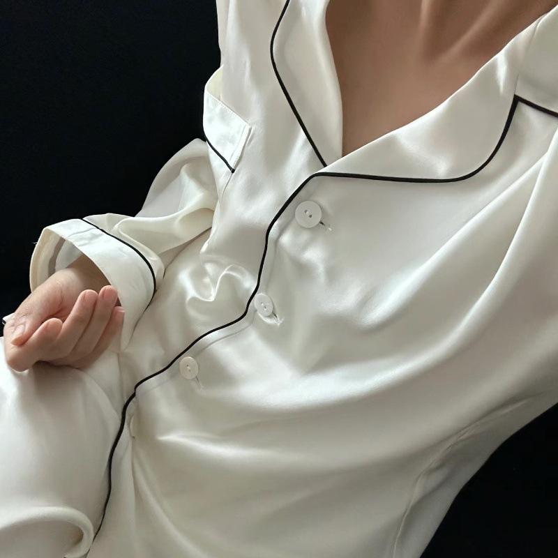 New silky slippery can go out ice silk solid color high-end loungewear pajamas autumn men's and women's long-sleeved two-piece set