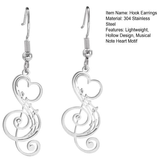 1 Pair Women Earrings 304 Stainless Steel Lightweight Hollow Design Music Note Heart Shape Hook Earrings Jewelry Gift