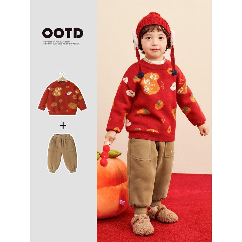 Boys' New Year Sweater, Round Neck Knitwear, Winter Clothing, Autumn and Winter Style, Red Children's Baby Toddler Top, Winter Trendy
