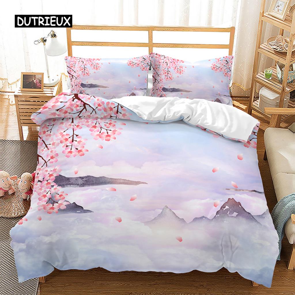 

Розовый цветочный пододеяльник с изображением японской вишни, комплект постельного белья в японском стиле, весенний пейзаж, пододеяльник для девочки, декор EU single(135x200cm)