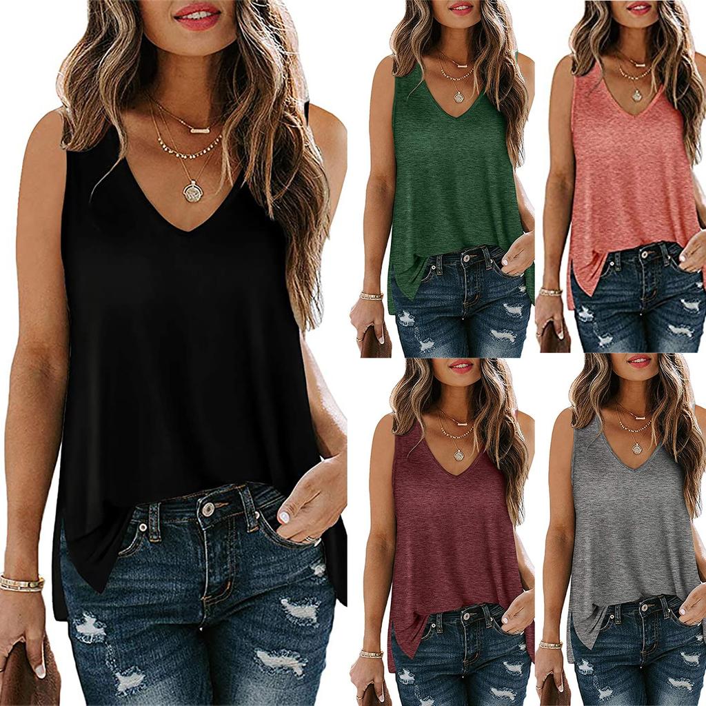 Fashion Women's Solid Color Hem Split V-Neck Sleeveless Mid-Length T-Shirt