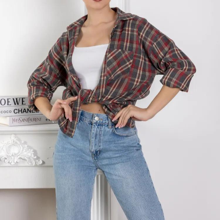 Camicia da donna a maniche lunghe OZON 1116 nuovo stile retrò versatile a quadri con tasca camicia casual