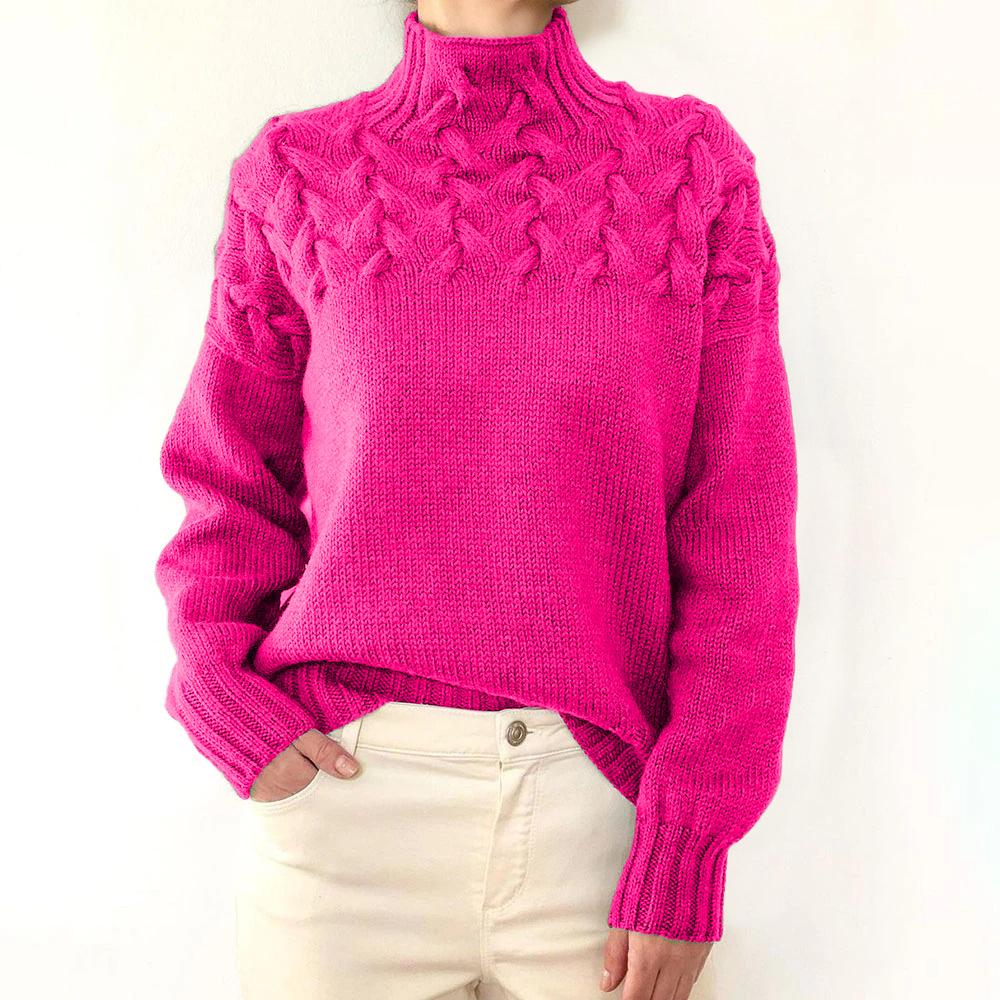 Damen Pullover mit Zopfmuster, hohem Kragen und langen Ärmeln
