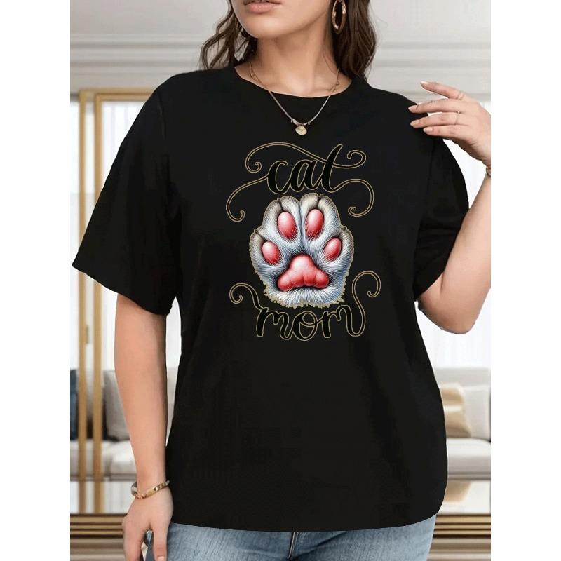 

Women Plus Size Cat Mom Graphic Tee Cute Paw Prints Soft Pet Lover Gift Machine Washable Casual Comfort Playful Top 4XL чорний
