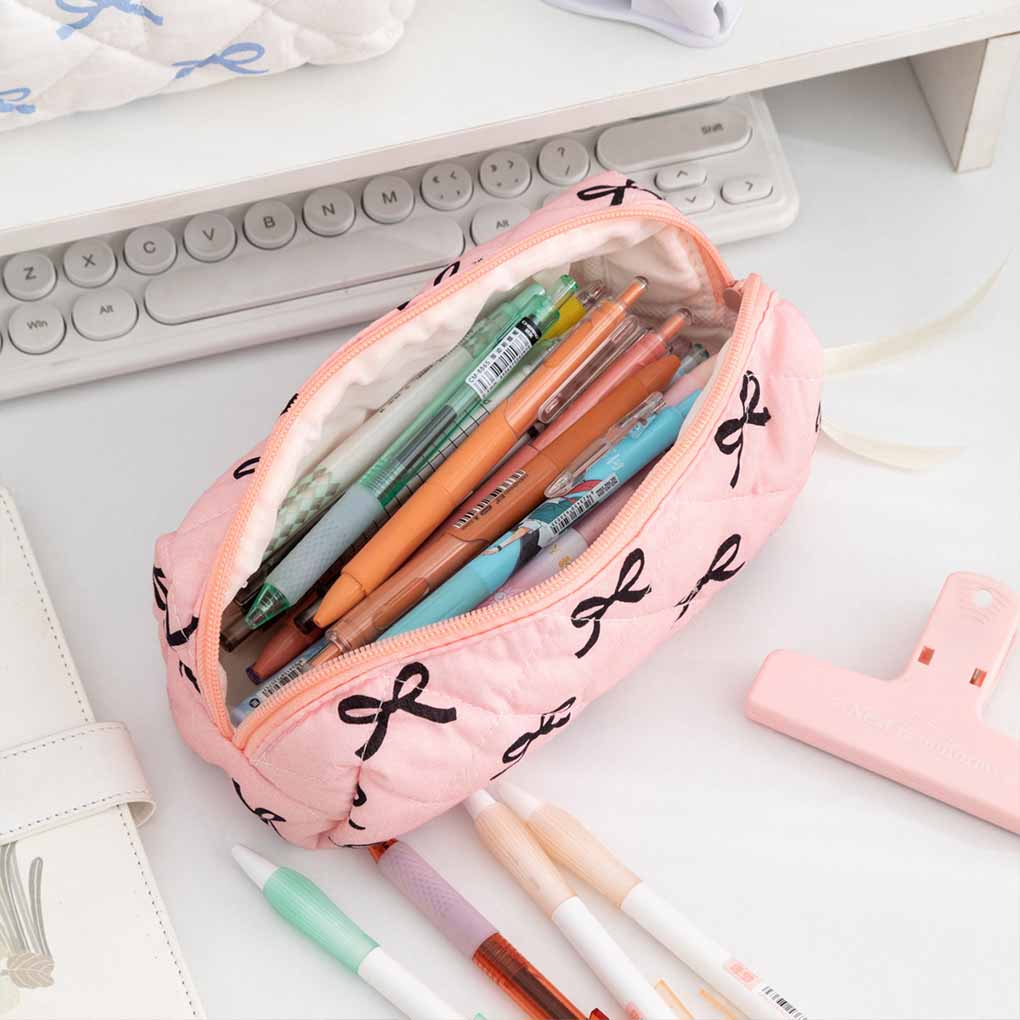 Lightweight Pencil Case Stationery Case Cosmetic Storage Bag Large Capacity Stationery Bag Pink Bow for Women (2078CM)