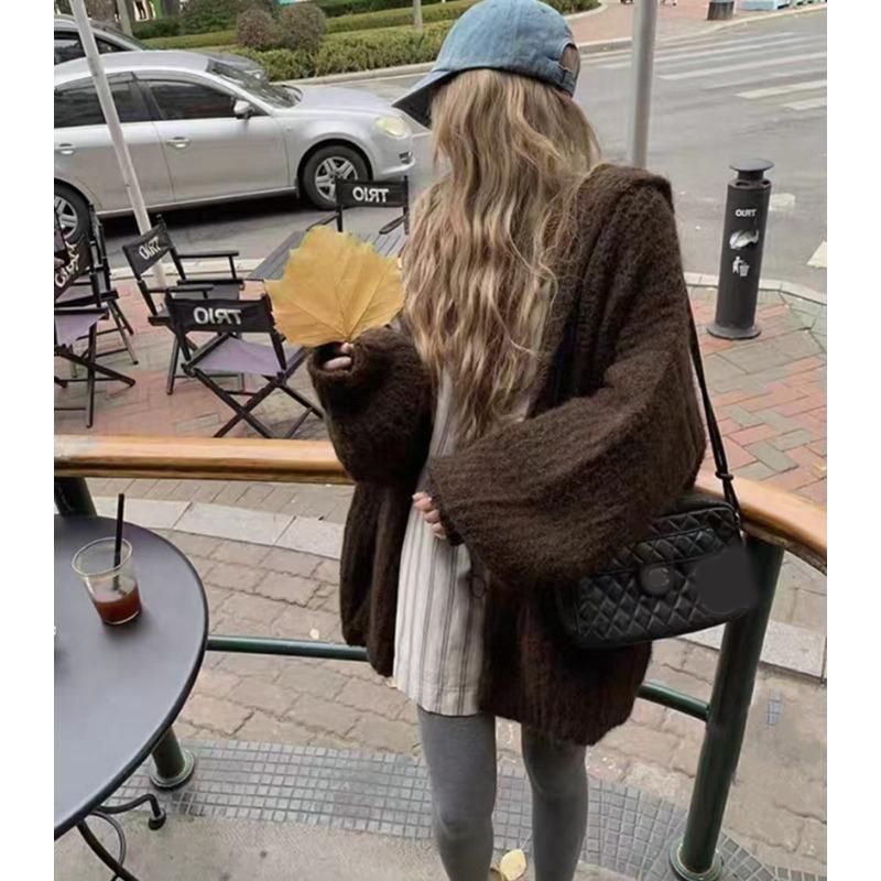 Fashion Loose Cardigan Knitted Hooded Women Sweater Solid Color Casual Coats Lantern Long Sleeves Office Large Knit Jacket Top Clothing