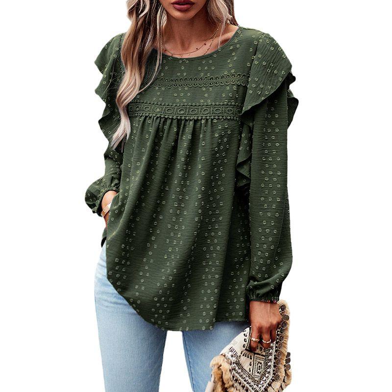 

Fashion New Arrival Polka Dot Jacquard Long Sleeves Lace Pullover Women Early Autumn Thin Type Breathable Ruffles Casual Tops Women Green XL code fits (70.00 kg-75.00 kg