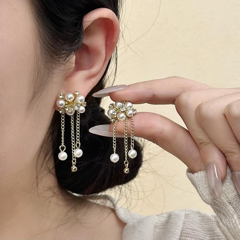 Fashion French Pearl Flower Sparkling Tassel Earrings For Women Jewelry Accessries 1 Pair