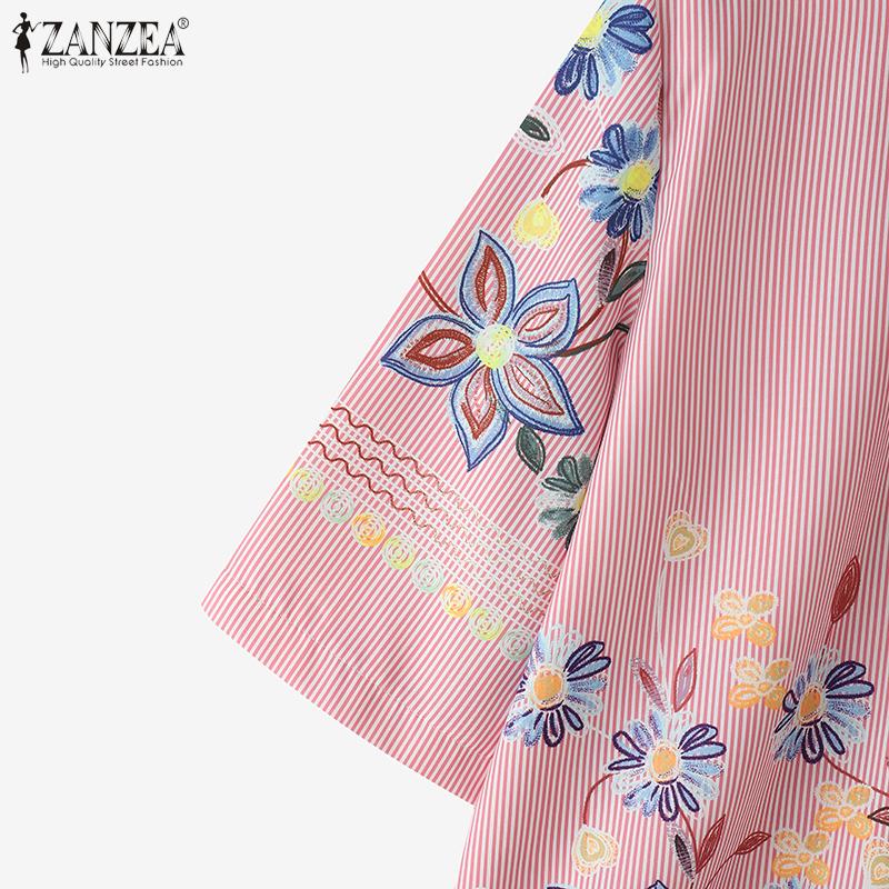 ZANZEA Women Casual Round Neck 3/4 Sleeve Floral Print Stripe Blouse