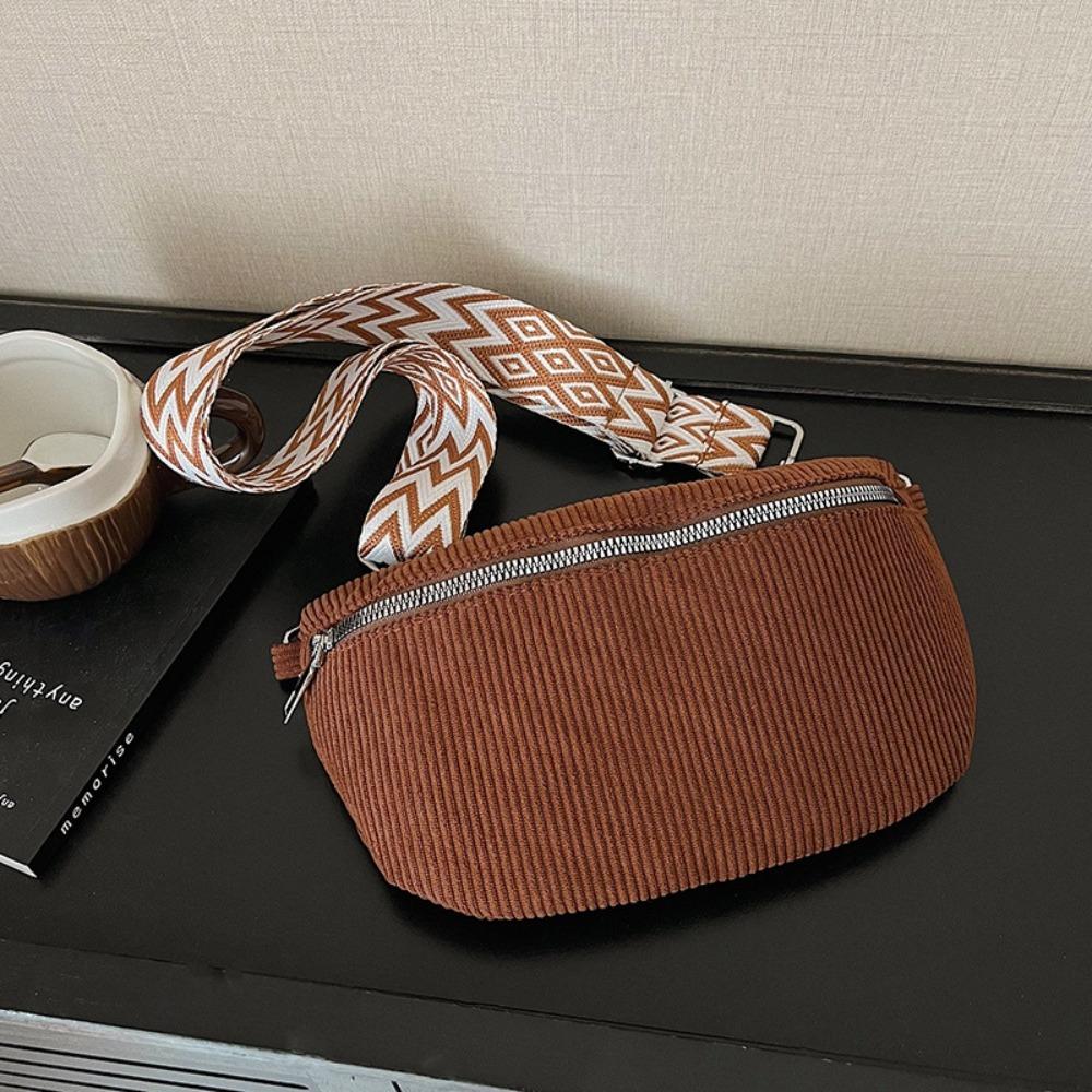 Fashion Corduroy Waist Bag Multi-pockets Zipper Crossbody Bags Wide Guitar Strap Shoulder Bags Outdoor