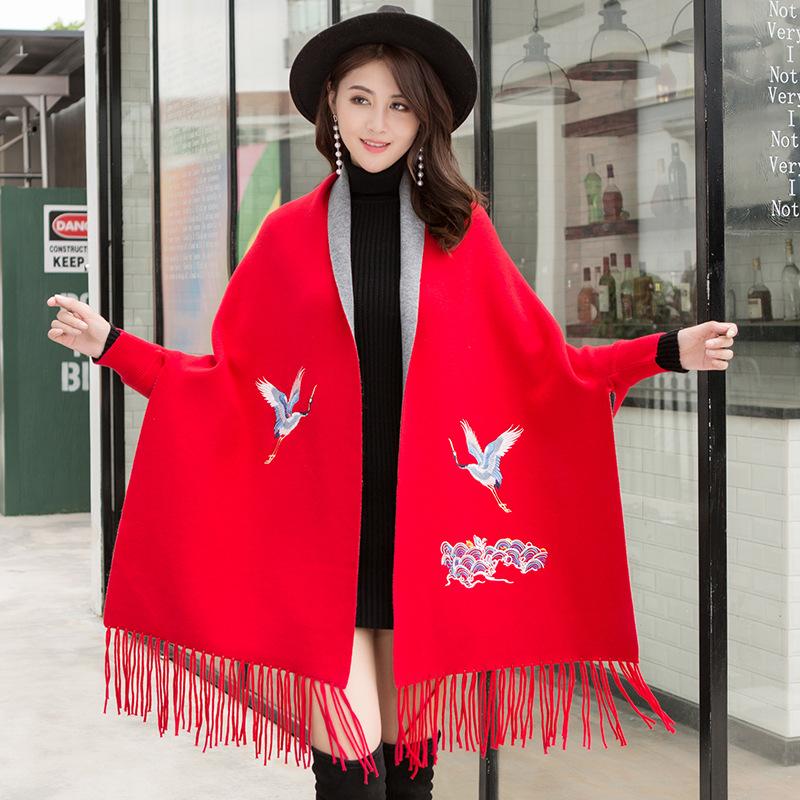 

Women s cape shawl with sleeves for autumn and winter, thickened and warm, cashmere embroidered scarf, knitted cape, dual-use coat красный
