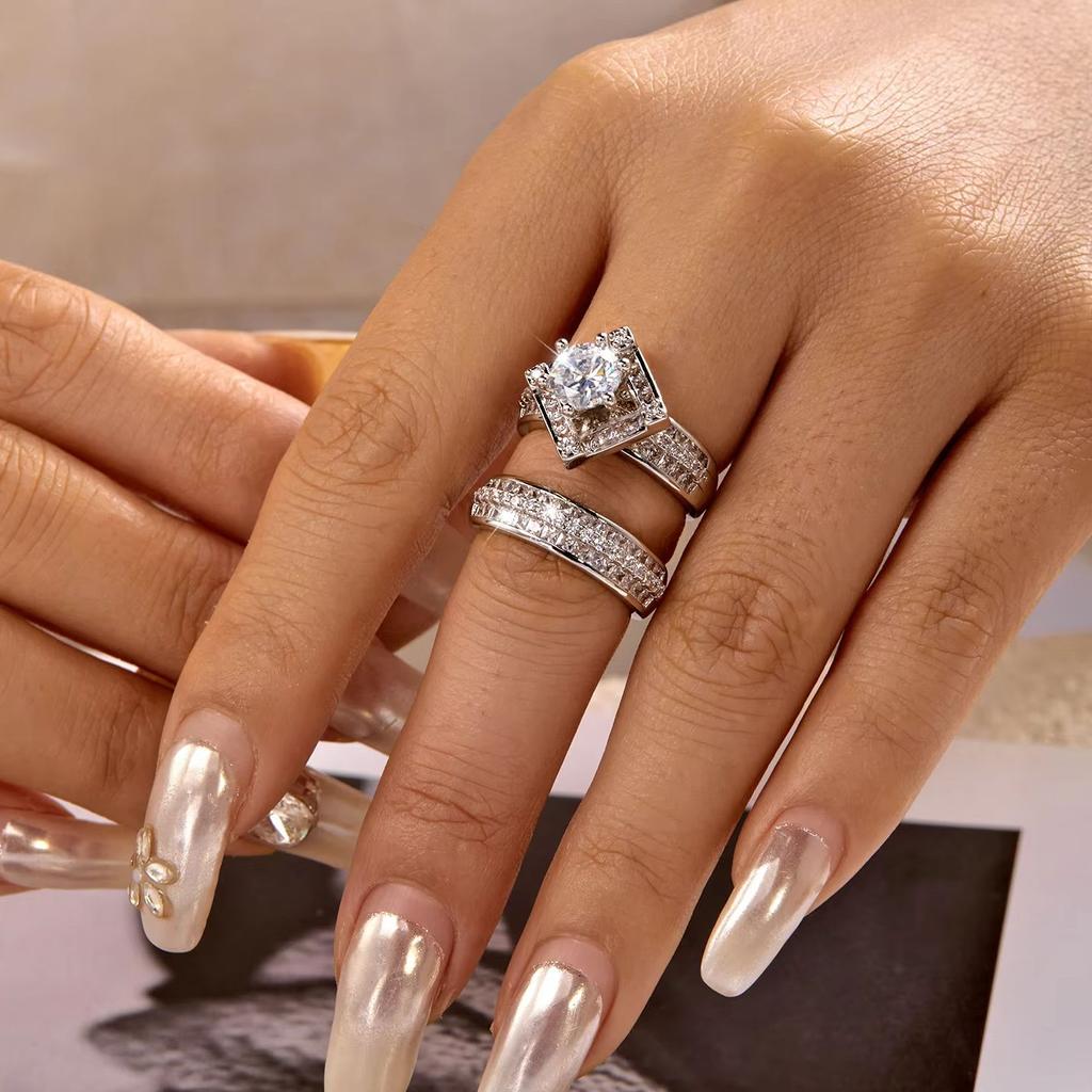 2Pcs Brilliant Square Zircon Promise Ring Set for Women Elegant Vintage Luxury Stackable Finger Ring Anniversary Party Jewelry