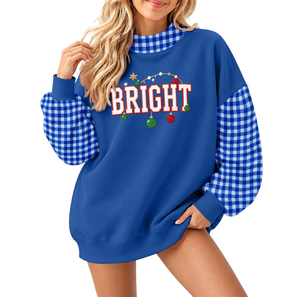Women's Casual Letter Plaid Christmas Print Crewneck Long Sleeve Loose Fit Pullover Sweatshirt Top