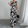 V Neck Short Sleeve Maxi Dress with Floral Print High Waist Elastic Waistband Lightweight Long Gown for Women