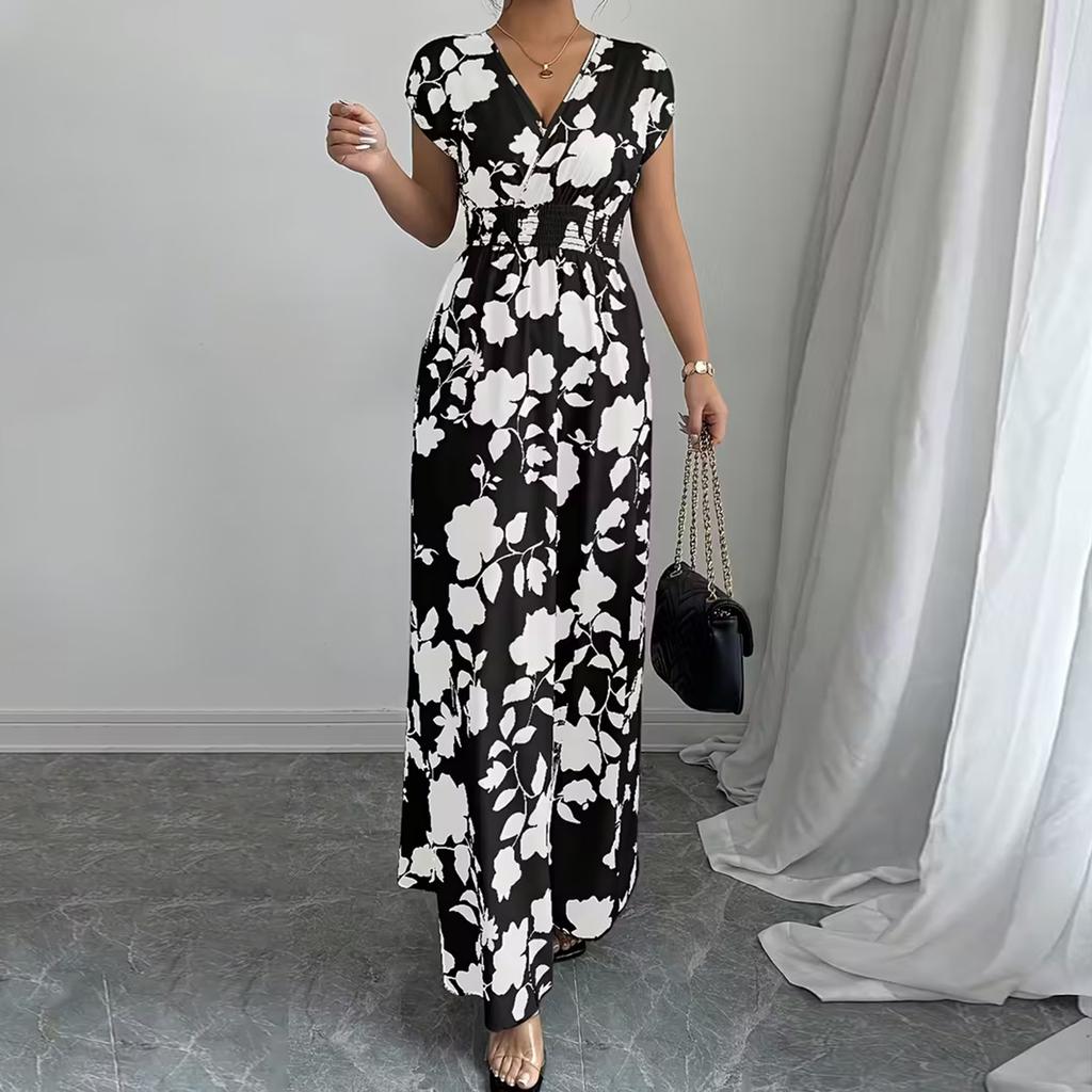 V Neck Short Sleeve Maxi Dress with Floral Print High Waist Elastic Waistband Lightweight Long Gown for Women