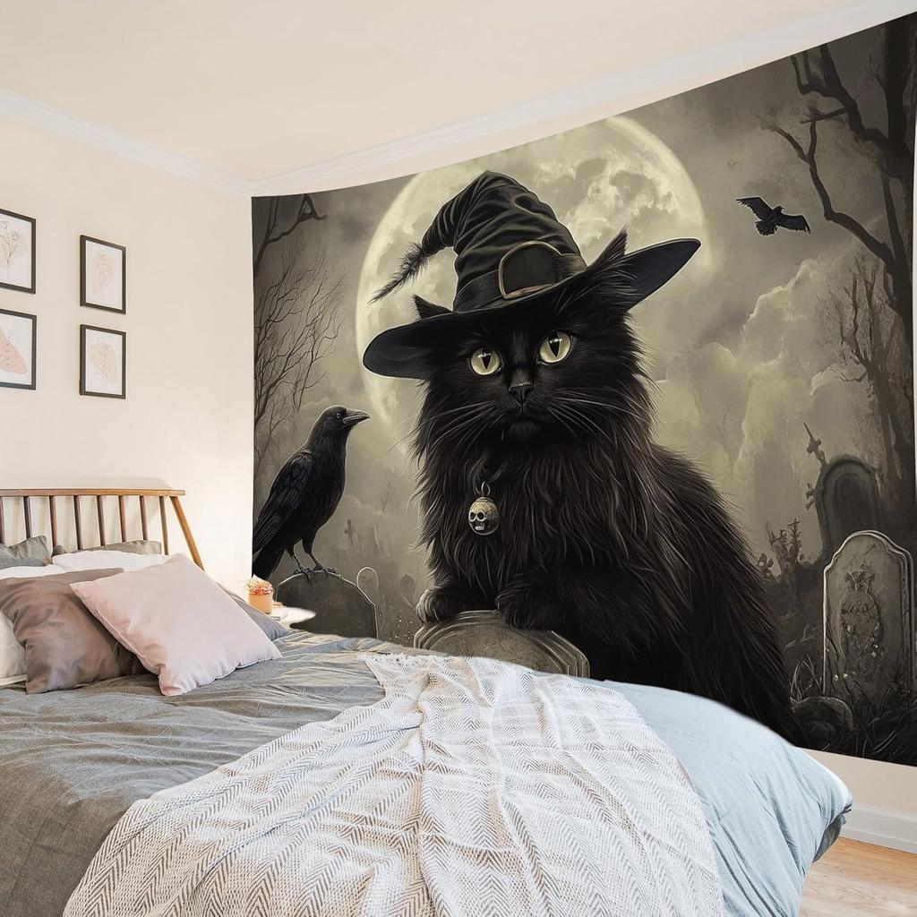 Halloween Tapestry Wall Hanging Haunted Castle with Pumpkin Lanterns Black Cat Owls in Horror Forest Creepy Night Tapest
