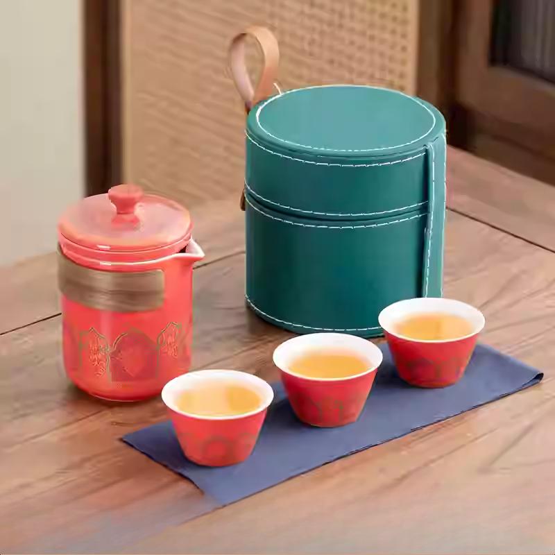 Outdoor Travel Tea Set Home One Pot Four Cups Portable Storage Bag Ceramic Quick Cup Brewing Teapot Tea Cups