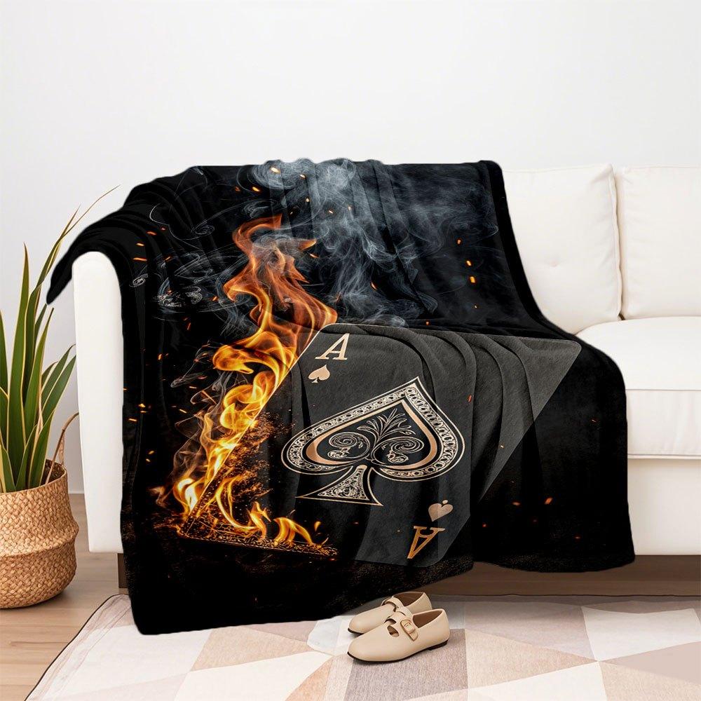 Black Burning Ace of Spades Playing Card - Unique Poker Deck AccessoryBlanket Flannel Throw Blanket for Sofa, Bed, Travel, Camping, Office