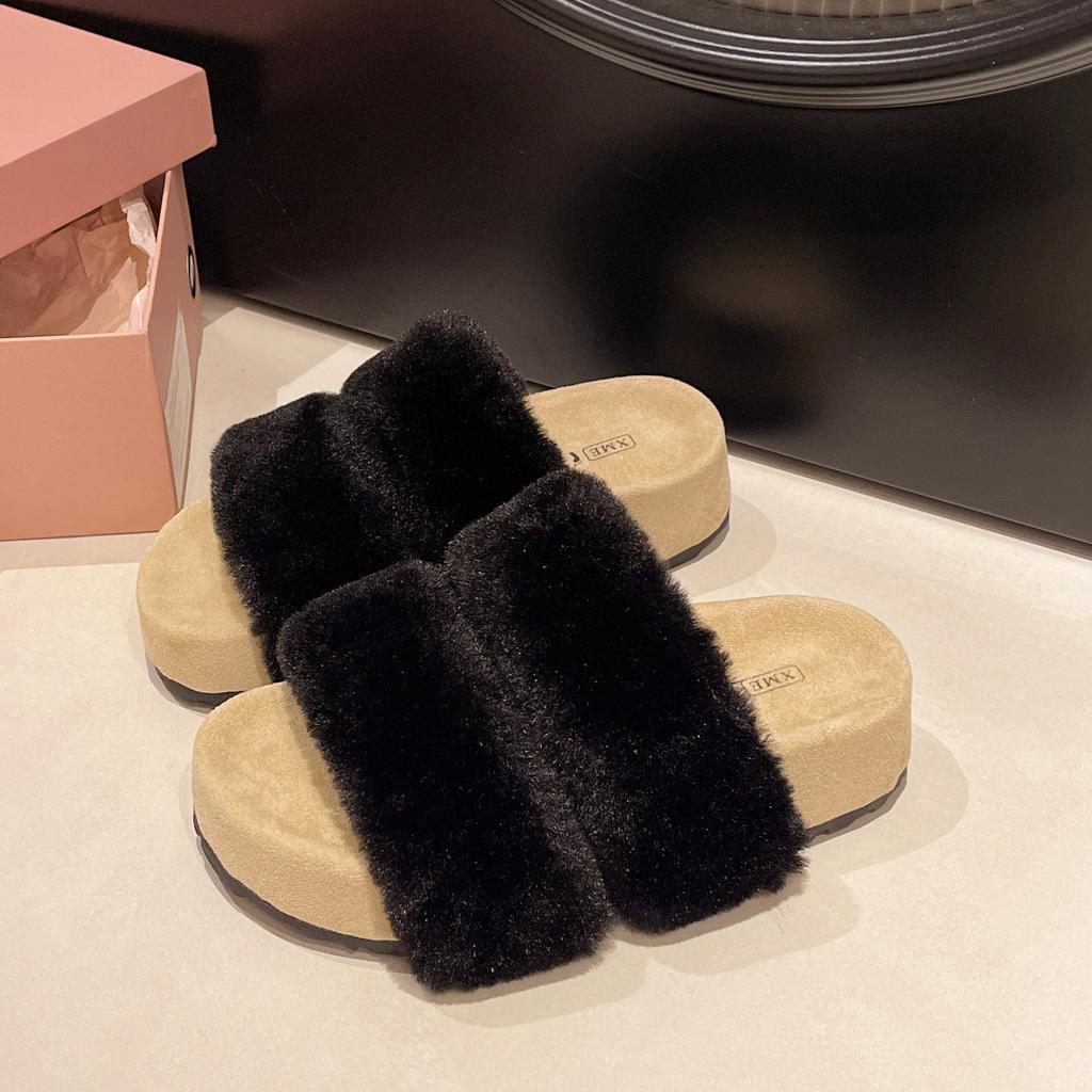 French retro fluffy slippers for women to wear in the spring and autumn of 2025, the new lamb wool thick-soled one-word cotton slippers