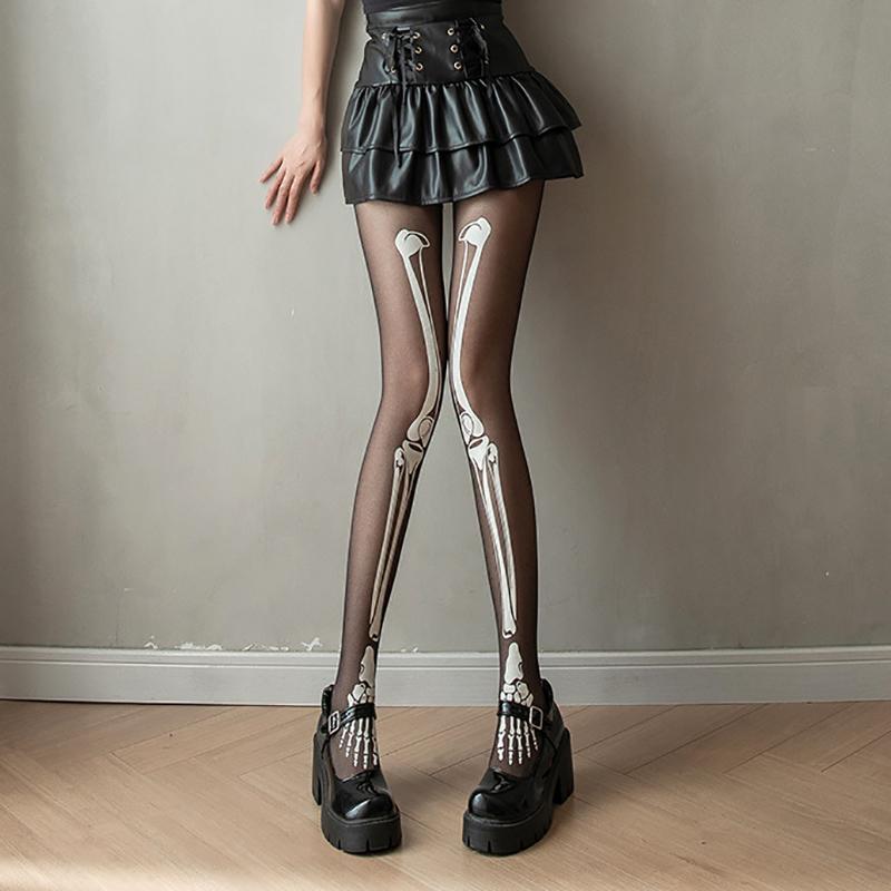 Women's Stockings Sexy Thin Black Thin Leggings Halloween Skeleton Silk Tights Skull Print Pantyhose Cosplay Party