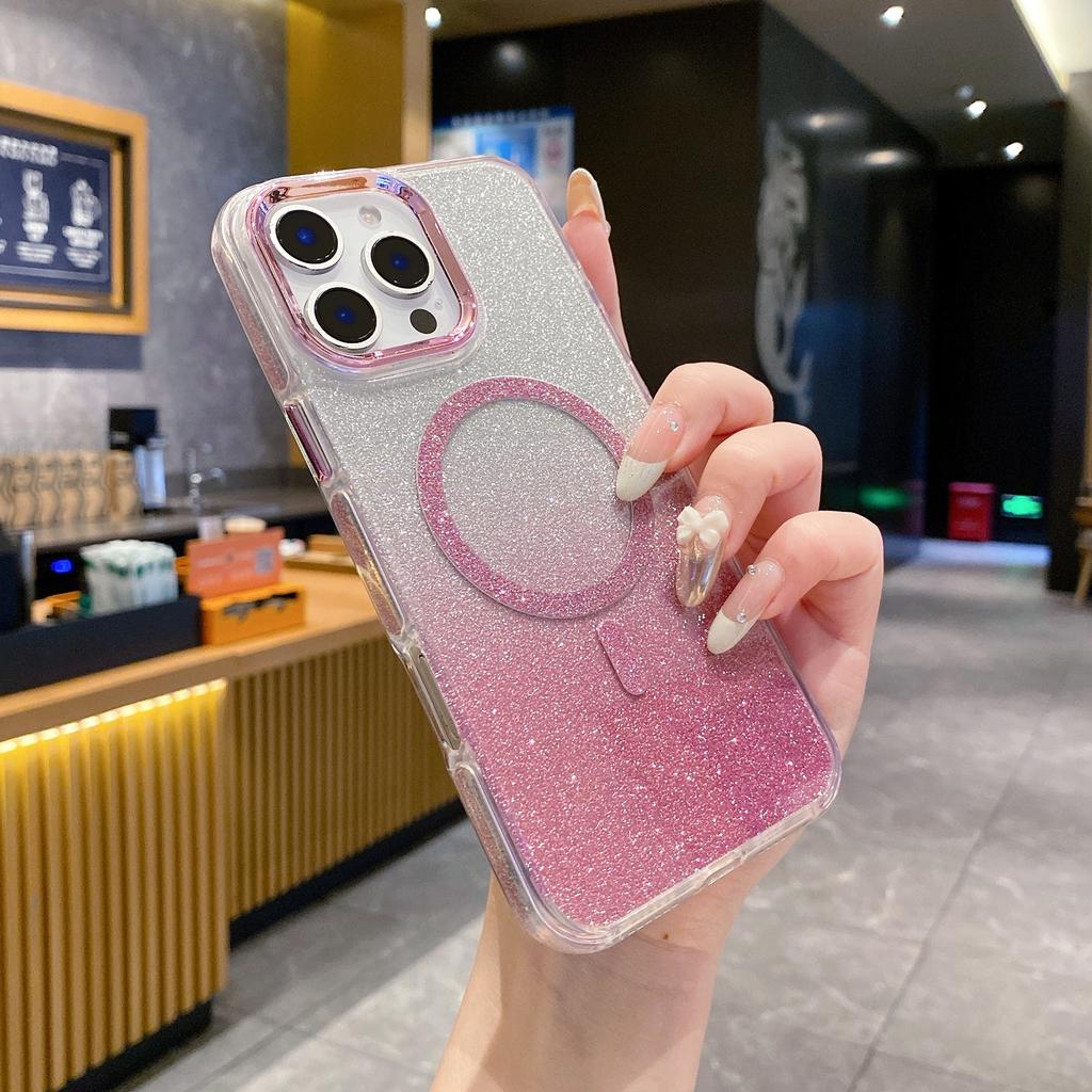 For iPhone 16 Pro Case TPU + Acrylic Glitter Magnetic Phone Cover Compatible with MagSafe