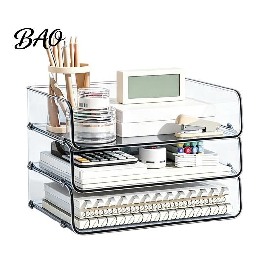 Multi Layer Desk Organizer Clear Acrylic File Tray, 1/2/3/4/5 Tier Paper Ducument Office Supply Storage Rack Box, Stackable Supplies Compact