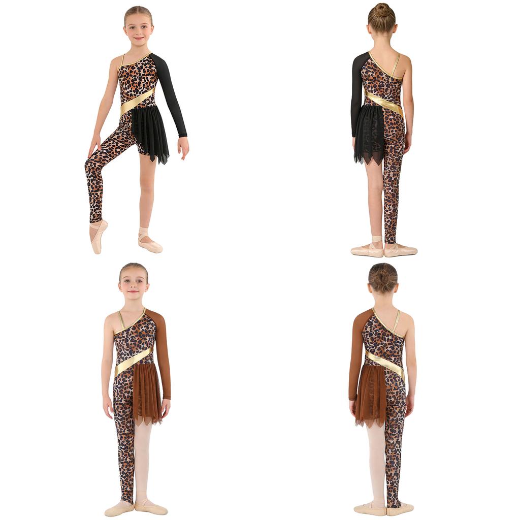 Costume da Ballo a Tema Grotta per Bambine: Body Patchwork Stampa Leopardo, Design Asimmetrico per Ginnastica nella Giungla e Palcoscenico