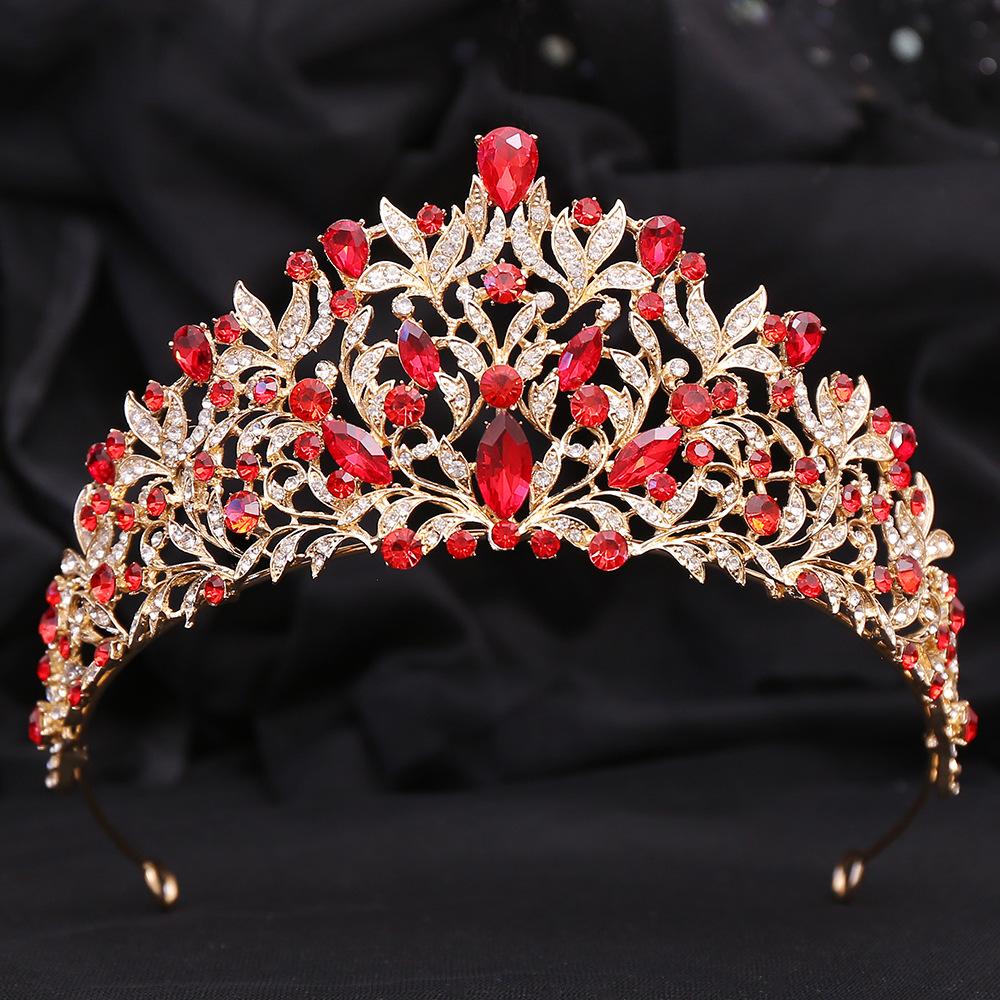 Beauty Pageant Baroque Bridal Crown Red Crystal Alloy Electroplated Wedding Headband Hair Accessories