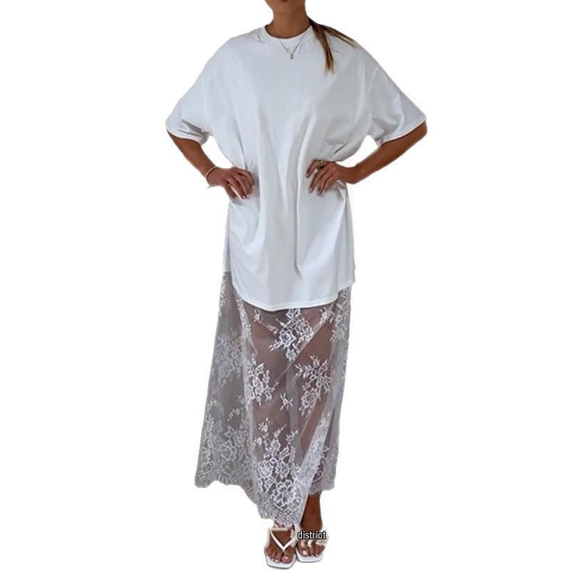 Elegant Lace Patchwork See-Through Hem T-shirt Dress - Casual Short-Sleeved Style