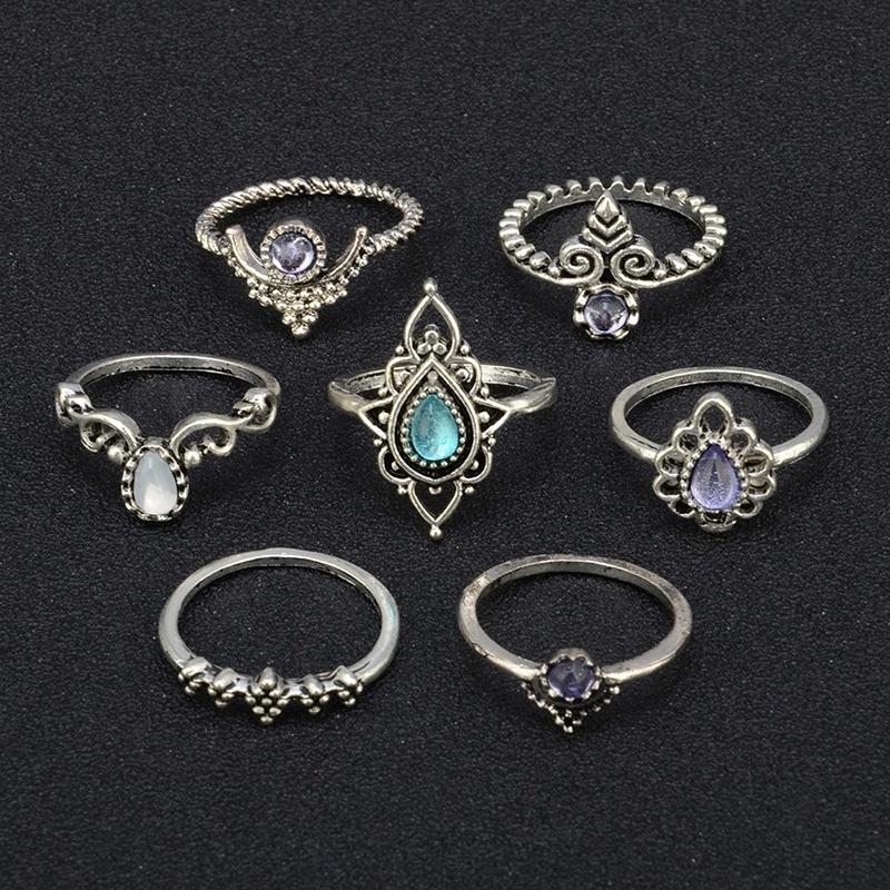 

7 шт./комплект женские золотые панк винтажные кольца с драгоценными камнями на костяшках пальцев племенные этнические хиппи каменные кольца набор подарочный
