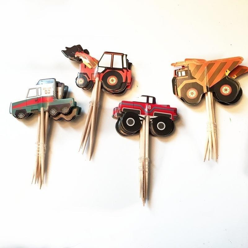 24ks Kreslené auto nákladní auto Bagry Cupcake Toppery Vybírátko dítě chlapec Narozeninová oslava svatební dort vlajka Dekorace Potřeby Dětský dárek