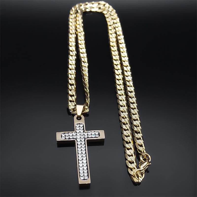 Christian Crystal Cross Pendant Necklace for Men Women Stainless Steel Gold Color Rhinestone Religion Necklaces Jewelry NZZZ493