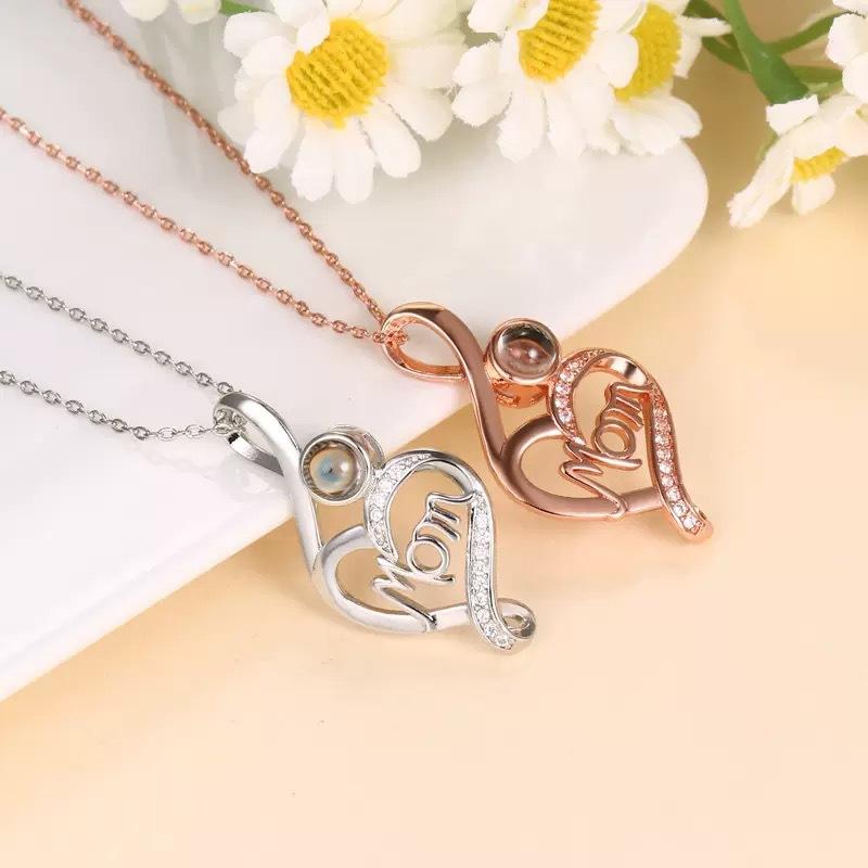 Diamond Set One Hundred Languages MOM Heart Projection Necklace Clavicle Chain