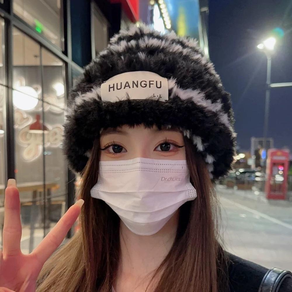 Big Size Pile Hat Wool Stripes Winter Cap New Knitted Hat Women